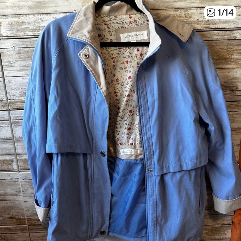 Liz Claiborne Petite Large Blue Utility Jacket Detachable Hood Lightweight